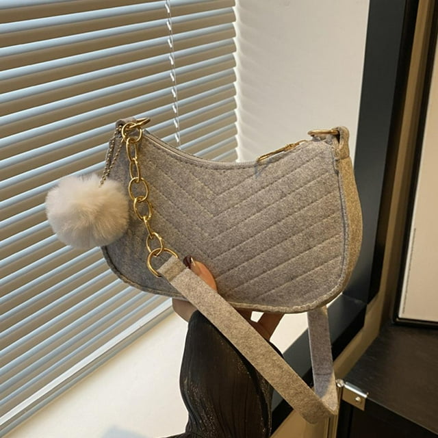 Felt Mini Square Bag with Pom Pom, 21x12x6.5cm Winter Crossbody Purse, Fashion Solid Color