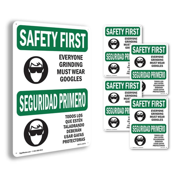 Everyone Grinding Bilingual OSHA SAFETY FIRST Aluminum Sign 24 Inch x 18 Inch - 5 Pack