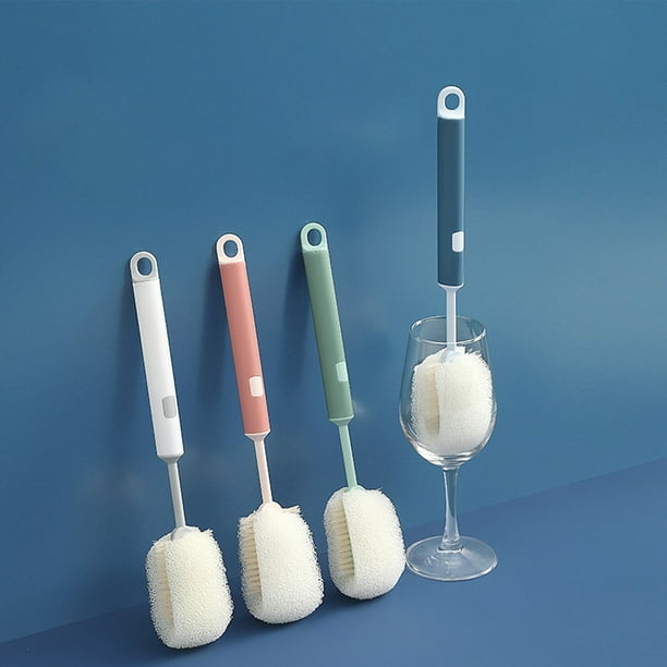 Cepillo para esponjas de mango largo - Raspador de 11 pulgadas que no raya para botellas, vasos y tazas, cabeza giratoria de 360°, empuñadura ergonómica (rosa, azul, verde, blanco)