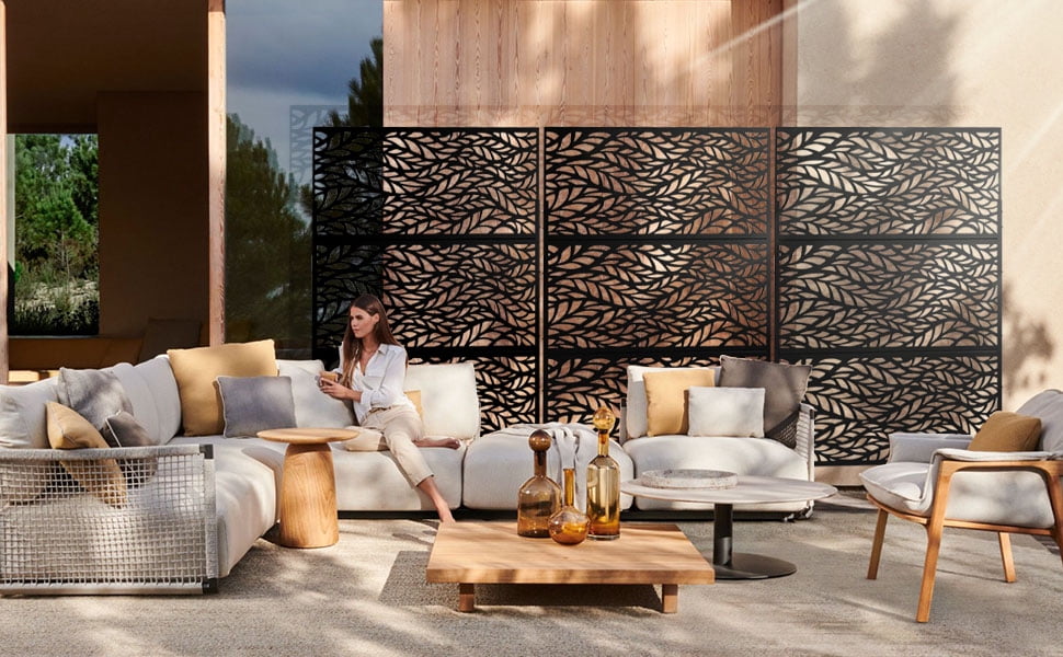 MAYEERTY 72*47" Outdoor Metal Freestanding Privacy Panel Screen for Patio, Flowing Leaf Pattern, Black