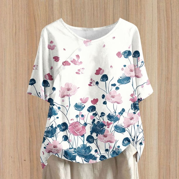 Fiudx Camisetas para Mujer Top Casual de Manga Corta con Cuello Redondo y Estampado Floral para Mujer