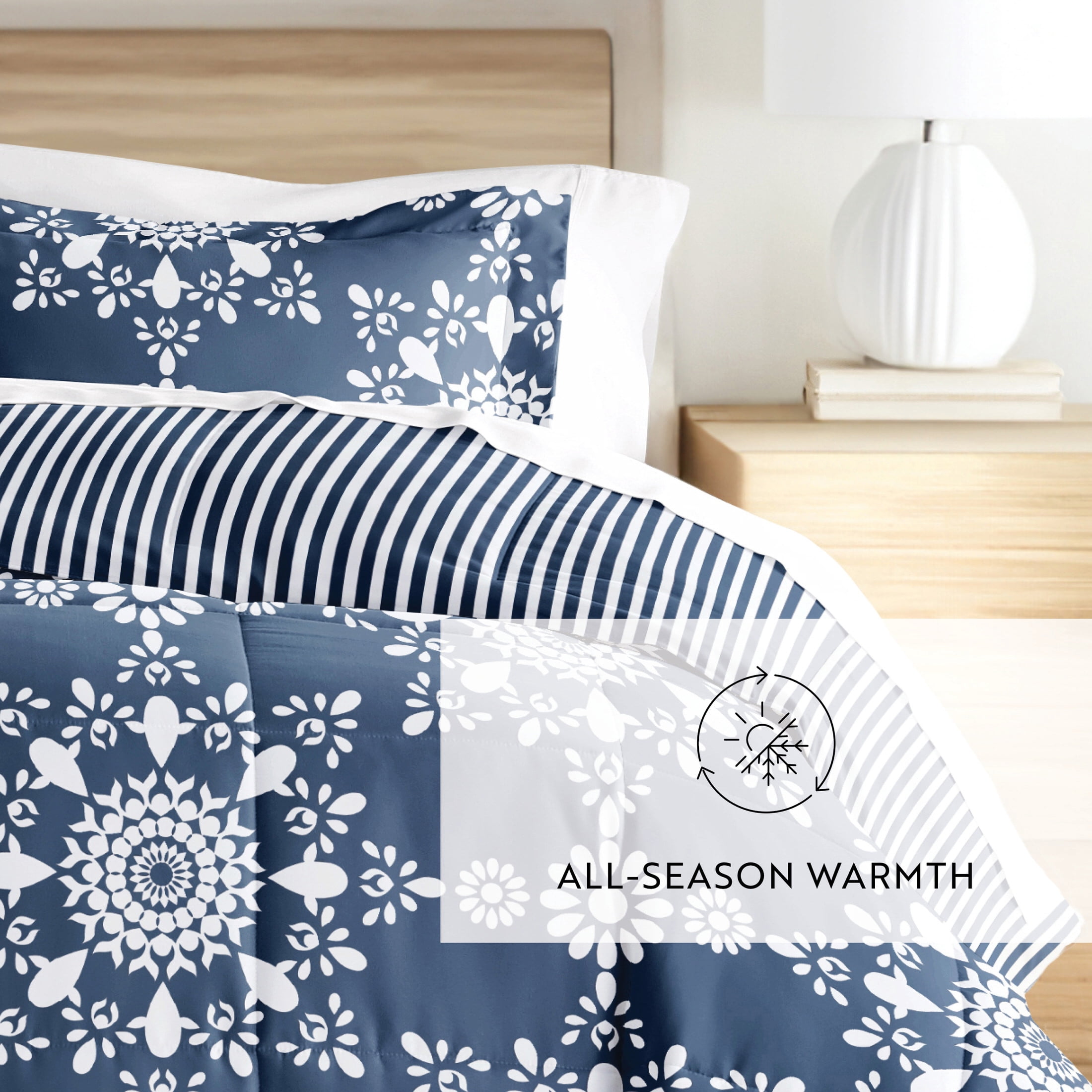 Noble Linens 3-Piece Navy Daisy Medallion Reversible Print Comforter Set, Full/Queen