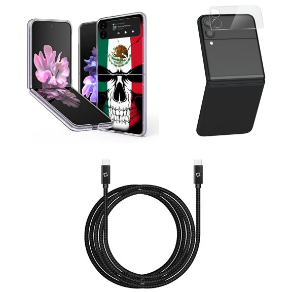 Bemz Premium Bundle for Samsung Galaxy Z Flip 3 5G: Slim Snap-On Protector Case (Mexico Skull), Rear Camera Glass Protector, Nylon Braided USB-C to USB-C Cable (4 Feet)