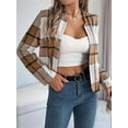 thumbnail image 6 of Women'S Cropped Plaid Shacket Jacket Button Down Long Sleeve Shirts Tops Khaki M, 6 of 7