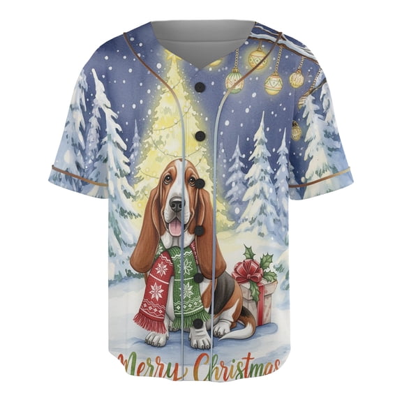 Merry Christmas Basset Hound Snowy Winter with Gifts Tree Decorations All Over Print 3D Baseball Shirt Bassets Dog Breed Lovers Gifts Idea Softball Sport - 12020
