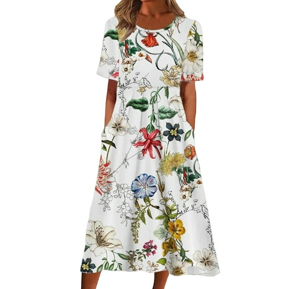 Gvmfive Women Casual Floral Print Short Sleeve Pleated Swing Dress with Pockets