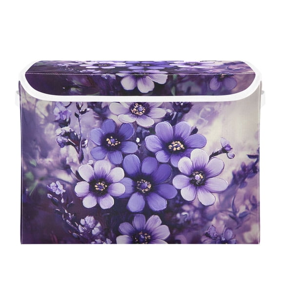 Purple Beautiful Flowers Large Storage Bins with Linen Collapsible Lid Storage Box 16.7 x 12.6 x 11.8in