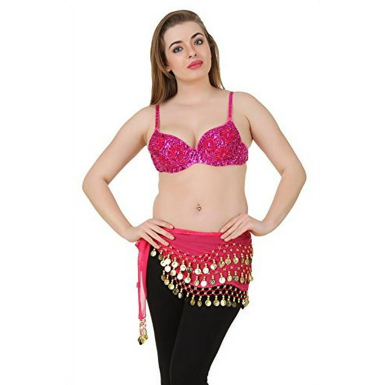 Hip Shakers Exotic Floral Embellished Sequin Belly Dance Bra Top, Hot Pink,  L/XL 