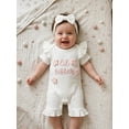 thumbnail image 6 of BemeyourBBs Newborn Baby Girls Little Sister Outfit Waffle Knit Ruffle Romper Little Sis Letter Embroidery 3D Floral Short Sleeve Infant Bodysuit Jumpsuit Headband Cute Baby Girl Summer Clothes, 6 of 9