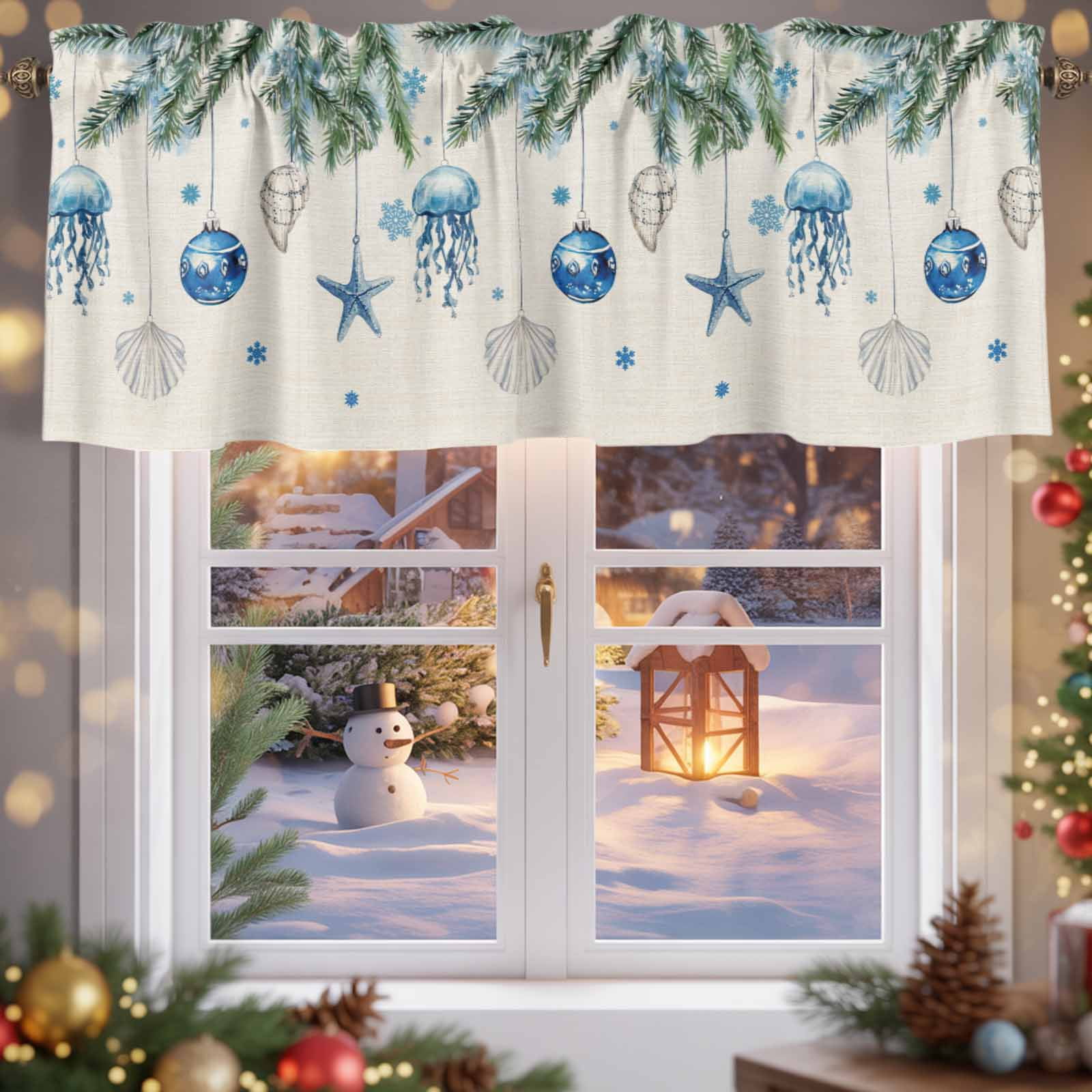 Christmas Bell Starfish Shells Pine Needles Valances for Windows,Kitchen Valance Rod Pocket Short Curtain,Xmas Snowflakes Retro Linen Valance Curtain Window Valances for Bedroom 54x18in