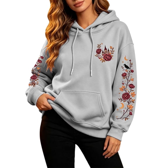 Women's Graphic Hoodies Plus Size Floral Printed Loose Fit Hooded Sweatshirts Long Sleeve Pullovers with Pocket Light Gray XL