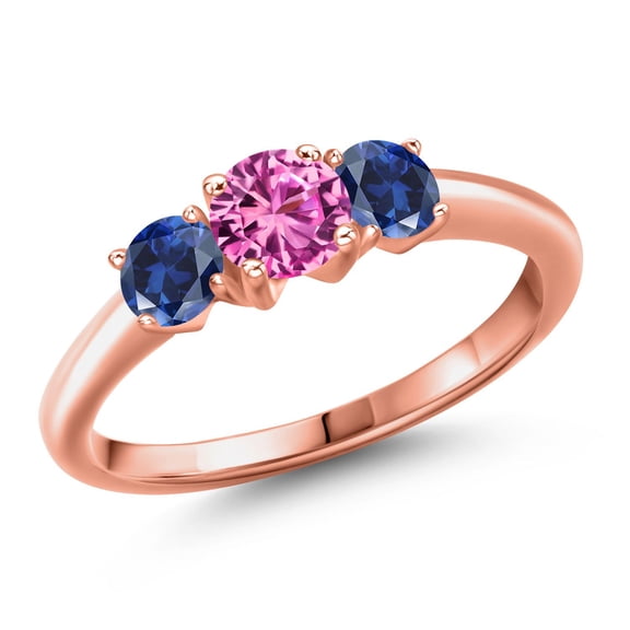 Gem Stone King 18K Rose Gold Plated Silver Pink Created Sapphire and Blue Created Sapphire Engagement Ring for Women | 1.05 Cttw | Round 5MM | Gemstone September Birthstone | Size 8