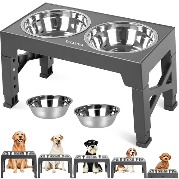 ZALALOVA Elevated Dog Bowls Stand with 2 Stainless Steel Dishes, Raised Dog Bowl Adjusts to 5 Heights (3.15", 8.9", 10",11.2", 12.4") for Medium and Large Dogs(Gray)