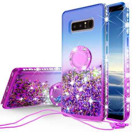 For Samsung Galaxy Note 8 Case, Liquid Floating Quicksand Glitter Phone Case Ring Kickstand,Bling Diamond Bumper Ring Stand Protective Case for Girl Women,Purple/Blue