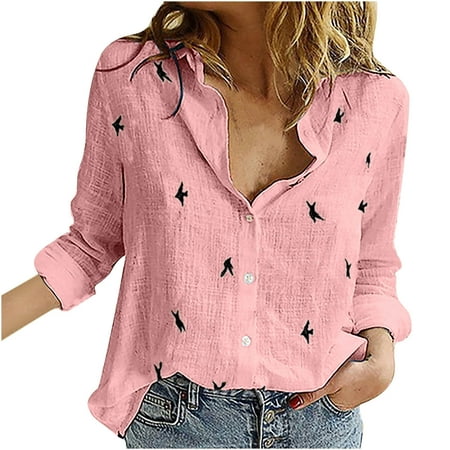 

Womens Summer Button Down V Neck Linen Shirts Long Sleeve Blouse Roll Up Cuffed Sleeve Casual Work Cute Printed Tops