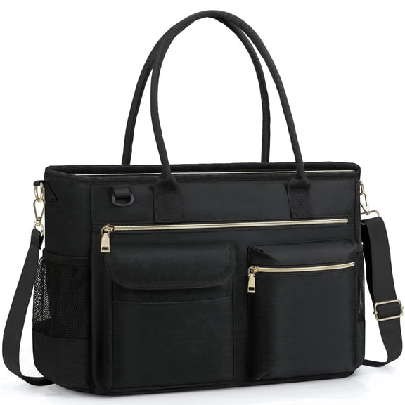 RAINSMORE Laptop Bag for Women 15.6 Inch Teacher Tote Bag Nurse Bag Laptop Tote Briefcase Messenger Shoulder Bags Large Handbag Business Office Work,Black