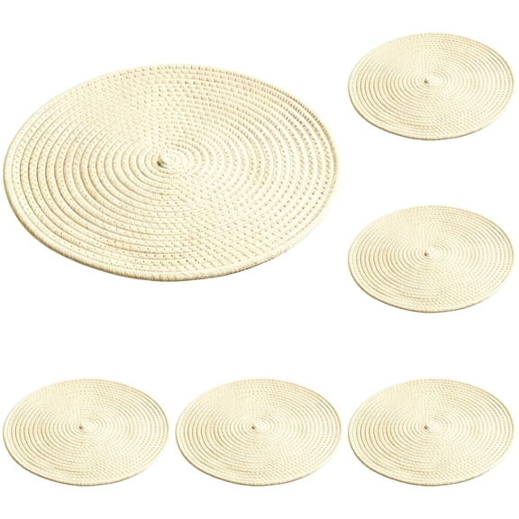 6 Pcs Round Placemats Set, Thick Woven Placemats for Dining Table, Heat Resistant Cotton Linen Coasters for Hot Pots Bowls, Braided Coasters for Kitchen Coffee Table, Beige