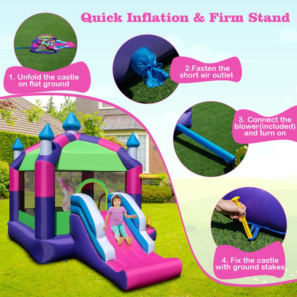 Aimee Lii Inflatable Bounce Castle with Canopy Shade Cover and Slide, Playhouse for Kids Outdoor