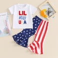 thumbnail image 2 of Okbabeha Kids Toddler Girls 4th of July Outfit,Short Sleeve Letter Tee Shirt+Stars Stripes Flare Pants Bell Bottom Outfits, 2 of 5