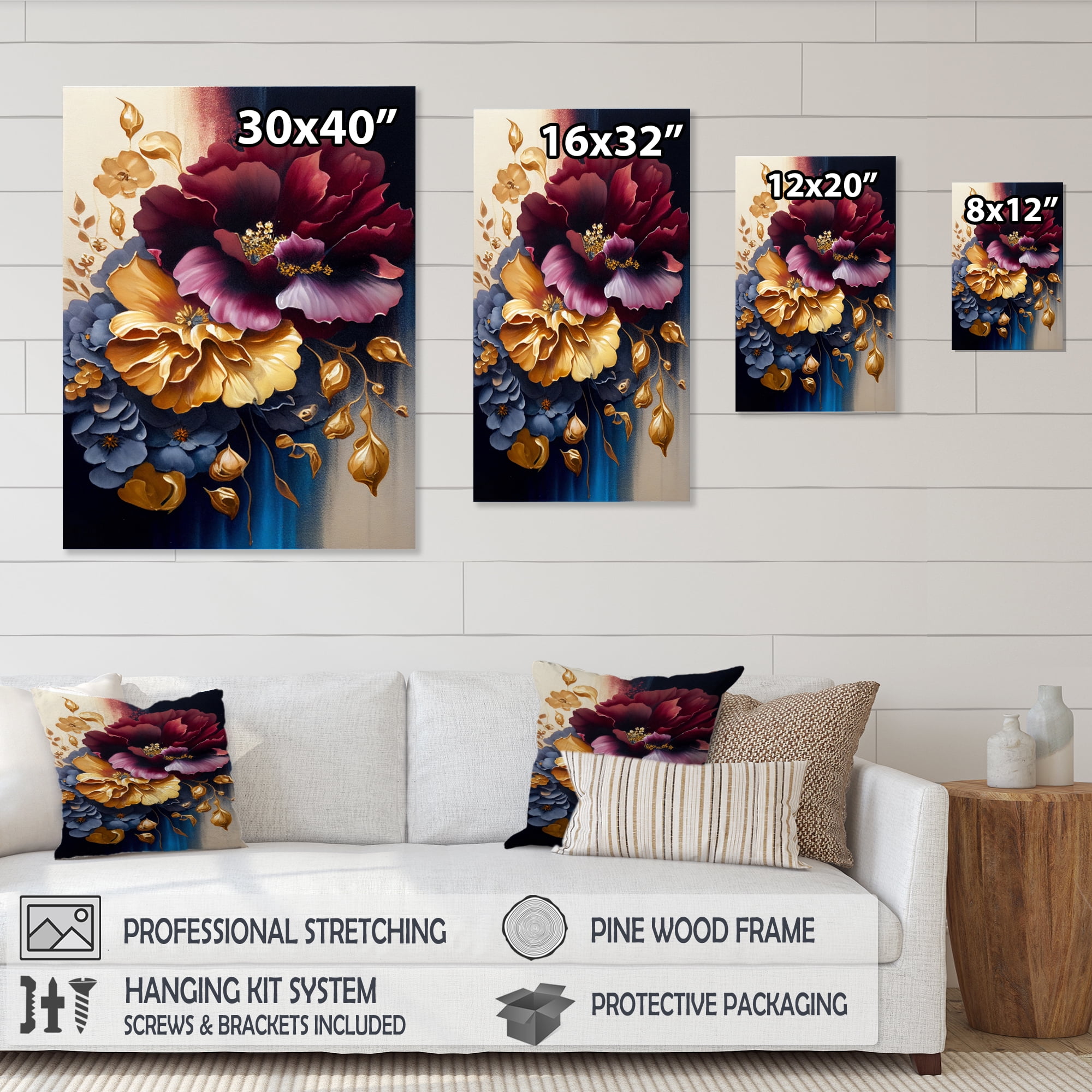 Designart Burgundy And Blue Floral Bunch II Canvas Wall Art
