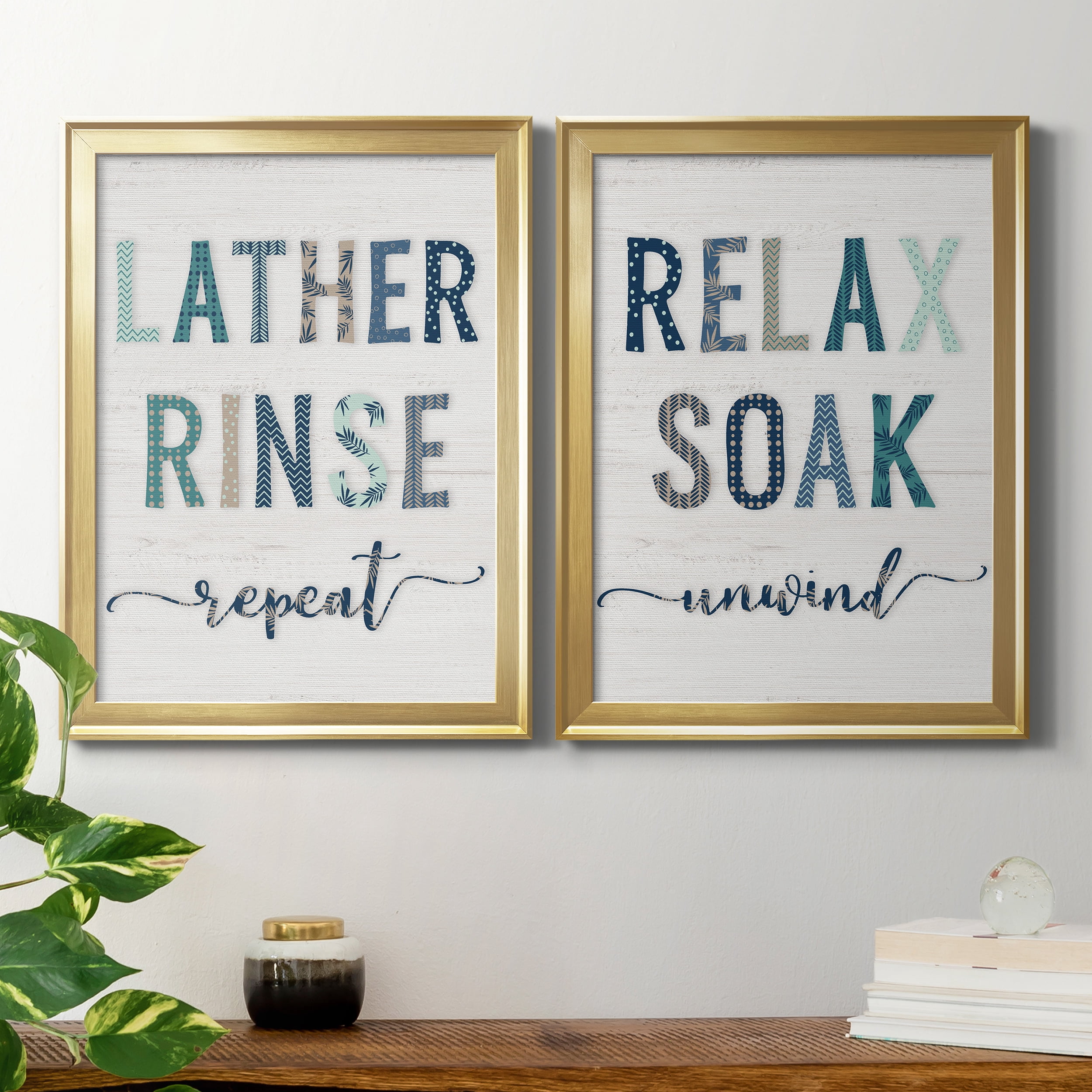 2 Piece Set Lather Rinse Repeat Premium Framed Canvas - Ready to Hang - 18.5 x 24.5 Each - Gold Frame
