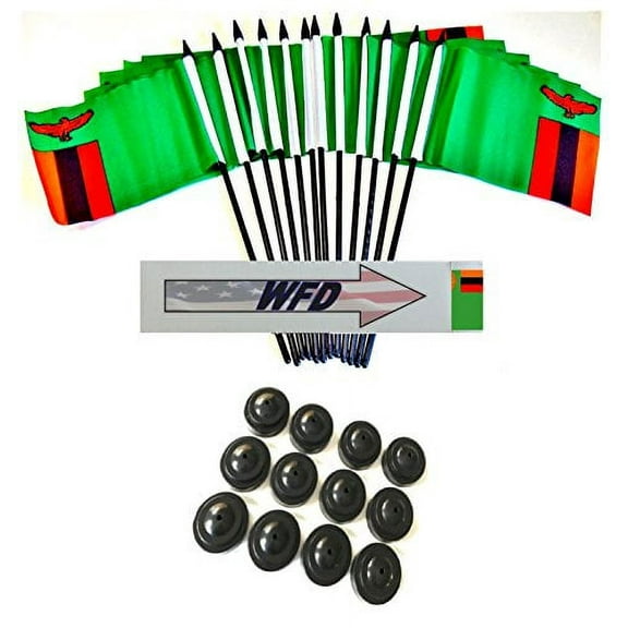 Pack of 12 4"x6" Zambia Polyester Miniature Office Desk & Little Table Flags, 1 Dozen 4"x 6" Zambian Small Mini Handheld Waving Stick Flags with 12 Flag Bases (Flags with Stands)