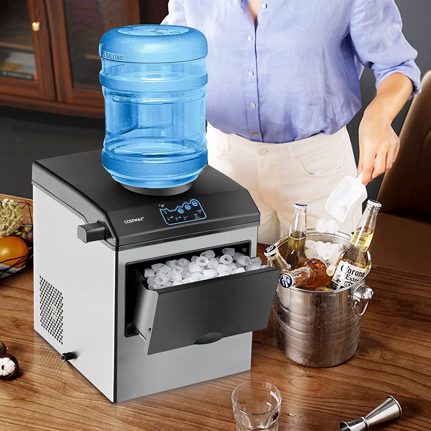 2-in-1 Stainless Steel Ice Maker with Water Dispenser, Daily 48LBS Ice Production, Portable Countertop Ice Machine, Adjustable Ice Size, Fast Ice Making & Cold Water Dispensing for Home Kitchen Offic