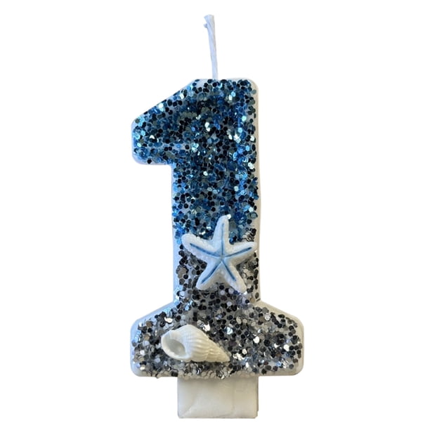 Vela de cumpleaños número 0 de 2,95 pulgadas con lentejuelas de estrella de mar azul, decoración para tarta de cumpleaños, decoración para boda, fiesta de cumpleaños