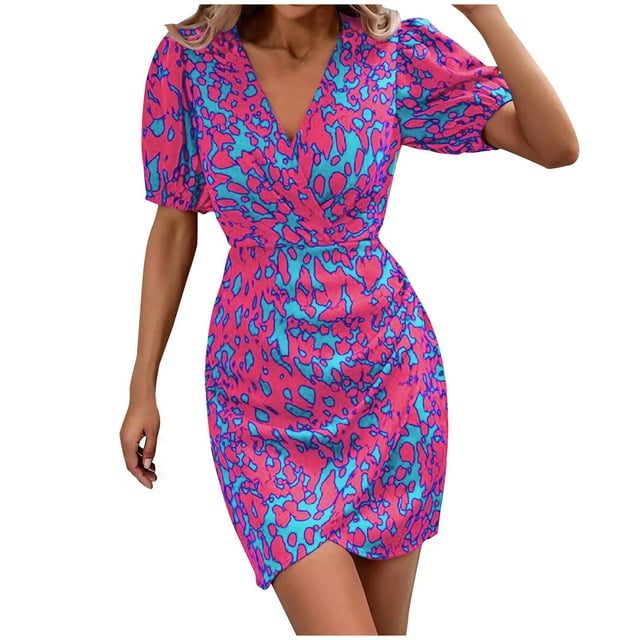 Robes Courtes pour Femmes Été Femmes à Manches Courtes Imprimé Col en V Taille Jusqu'au Genou Robe Décontractée Mode Robe Courte d'Été pour Femmes Robe à Manches Courtes pour Femmes Robe Courte pour Femmes Été