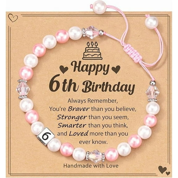 6 Year Old Birthday Gifts for Girl, Adjustable Pink White Pearl Bracelet for Daughter Niece Granddaughter Girls