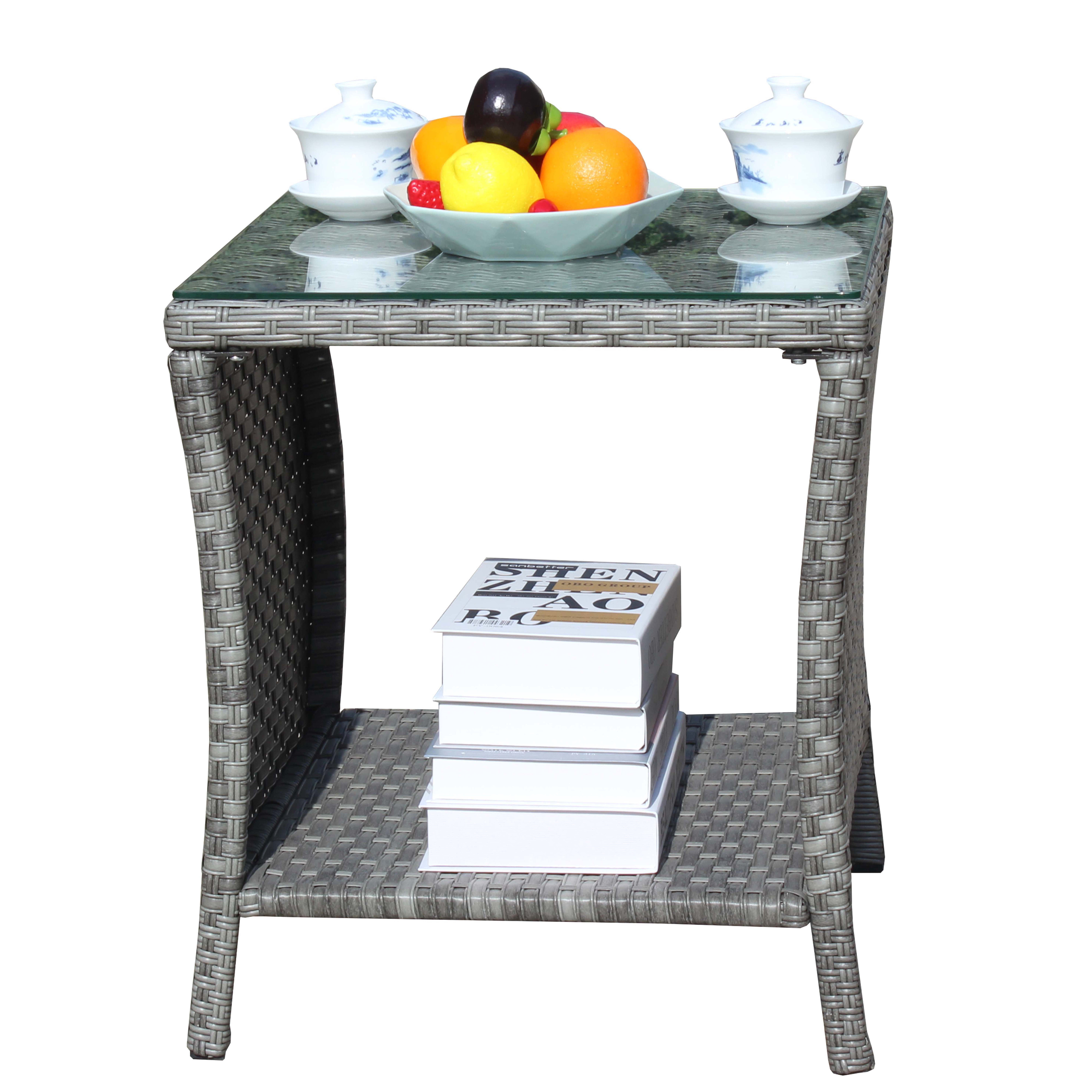 PE Rattan Outdoor Patio Coffee Table with 0.2 Inch Clear Tempered Glass Top, 19.25×19.25×21 Inch Steel Frame Side Table, 120LBS Weight Capacity Weather Resistant Garden Deck Table