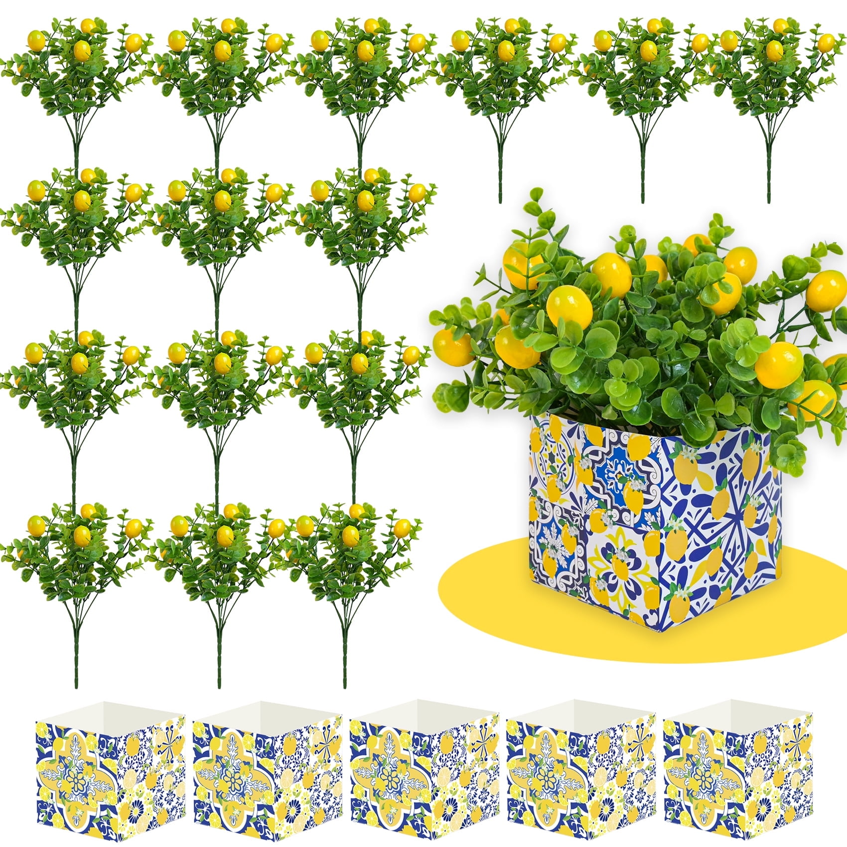 3 Sets Blue Tiles Lemon Table Centerpiece Decor - Amalfi Coast Party Decorations with Artificial Lemons for Mediterranean Wedding, Baby Shower, Capri Positano Theme