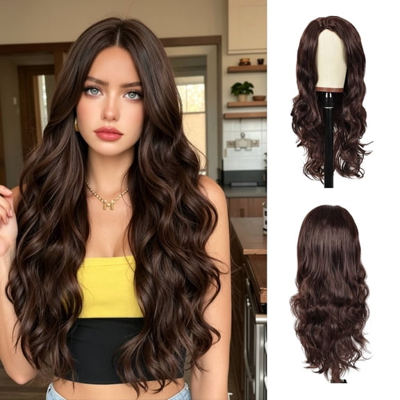 Creamily 26 Inch Brown Wigs for Women V Part Body Wave Wigs Synthetic Curly Wig Long Brown Wigs Cap