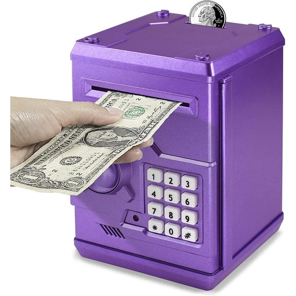 Mini ATM Piggy Bank ATM Machine Best Gift for Kids,Electronic Code Piggy Bank Money Counter Safe Box Coin Bank for Boys Girls Password Lock Case (Purple)