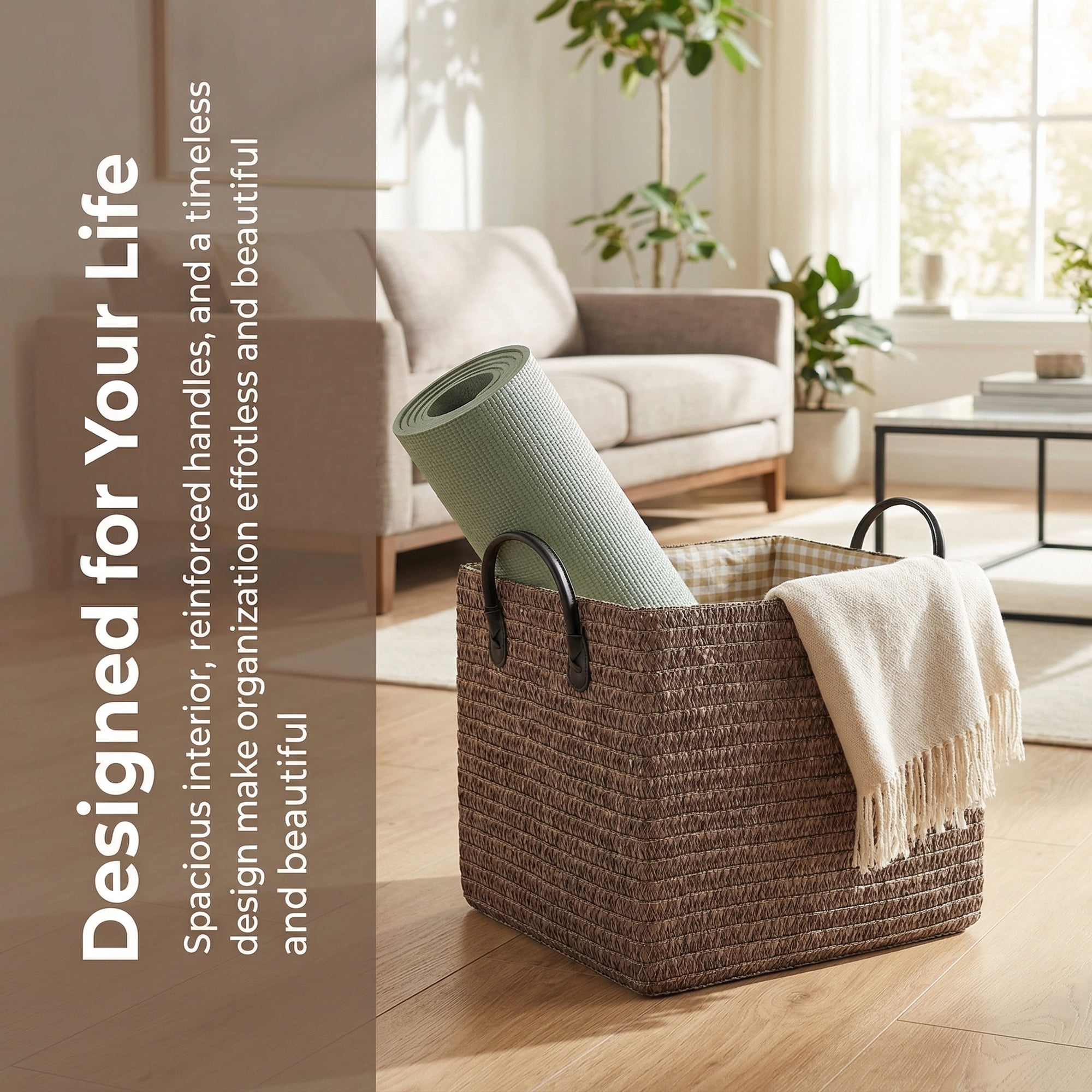 Unique Bargains Compactable Woven Storage Basket Storage Bin Coffee 13.8*10.2*11.8in