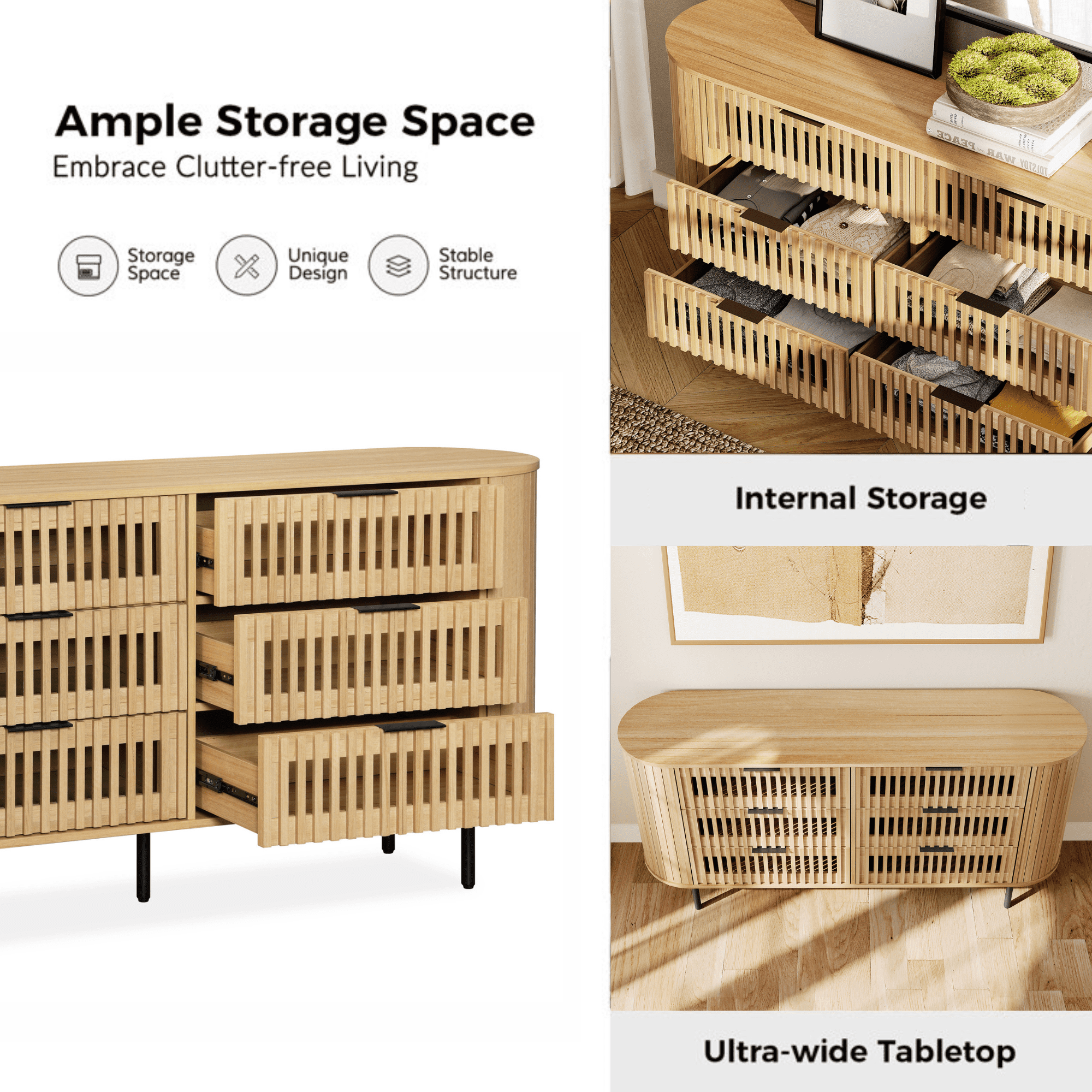 WAMPAT Modern 6 Drawer Dresser, Fluted Tall Wood Chest of Drawers for Bedroom, Living Room, Oak