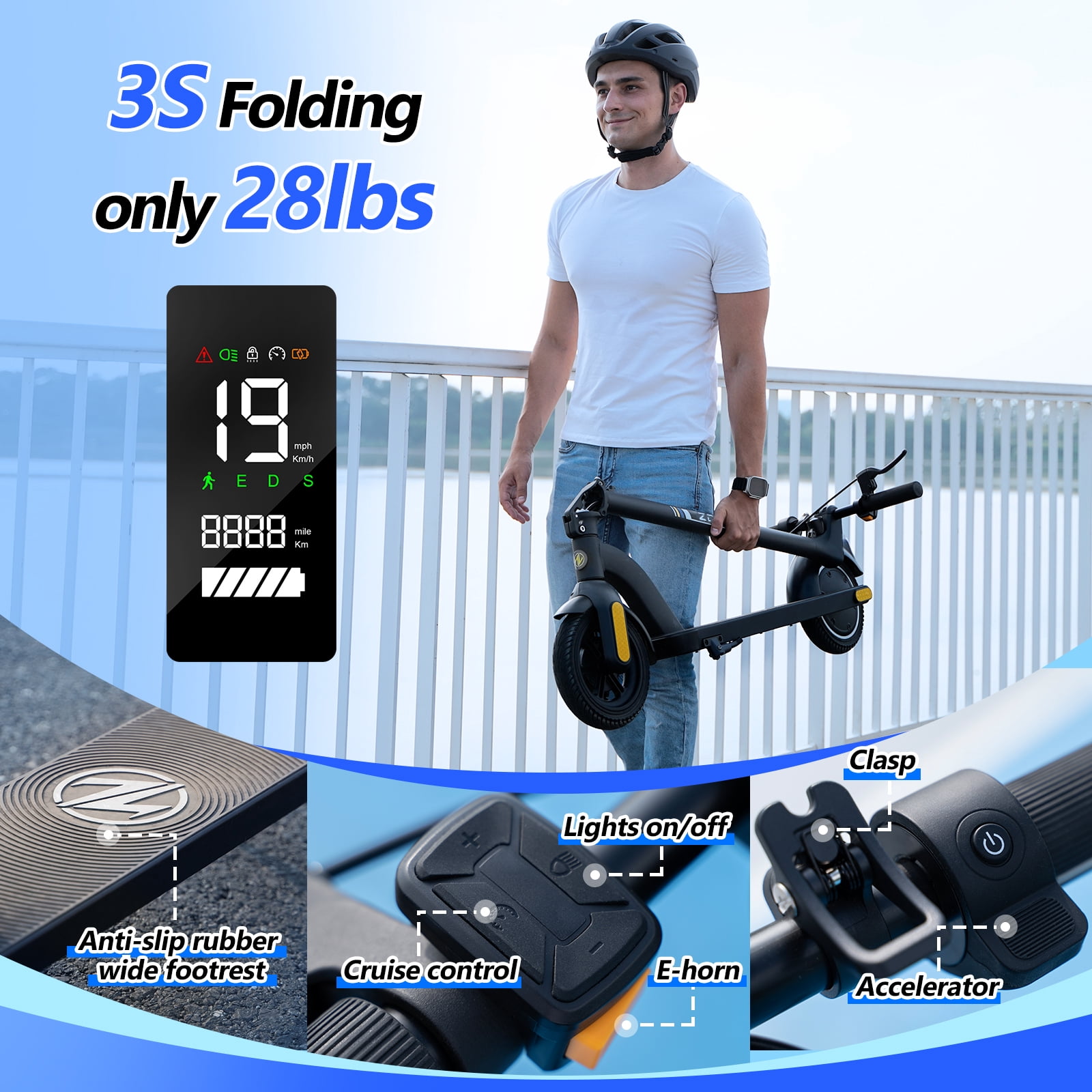 ZDZA, Electric Scooter for Adults, 19 MPH, 18 Mile Range, Grey