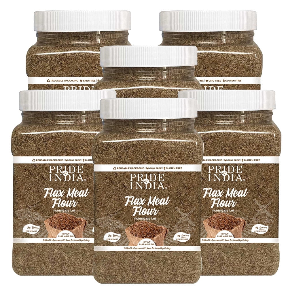 Pride of India - Pack of 6 - Flaxseed Meal, Finely Milled, Gluten-Free, 1 lb Jars