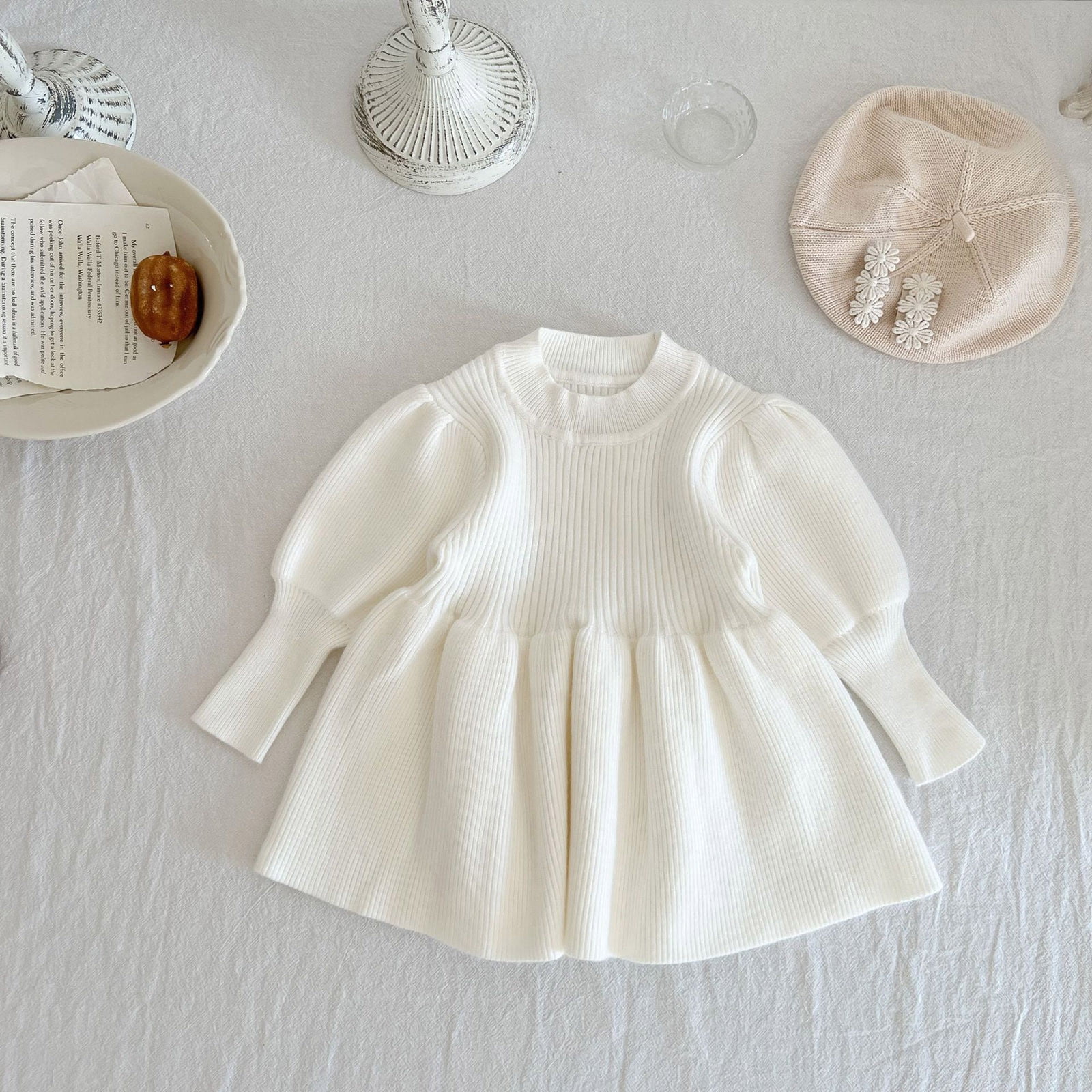 Sweater Dress,Toddler Girl Knit Sweater Dress Kids Long Sleeve Casual Birthday Party Dresses,Fall Sweater Dress,6-12 Months,Z01 White