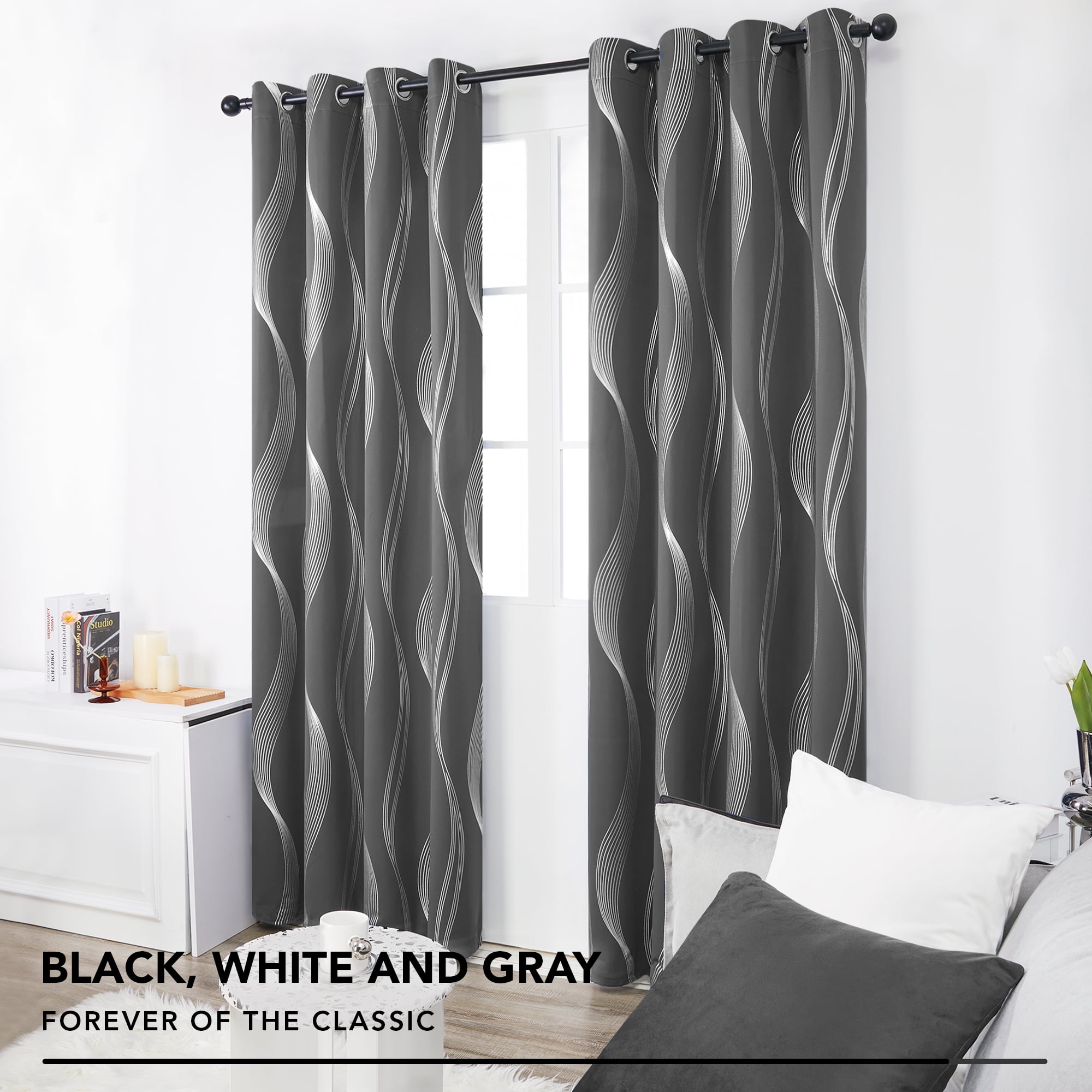 Deconovo Blackout Curtains for Bedroom, 72 inch Long - Thermal Insulated Panels, Wave Lines Pattern (52 x 72 inch, Dark Gray, 2 Panels)