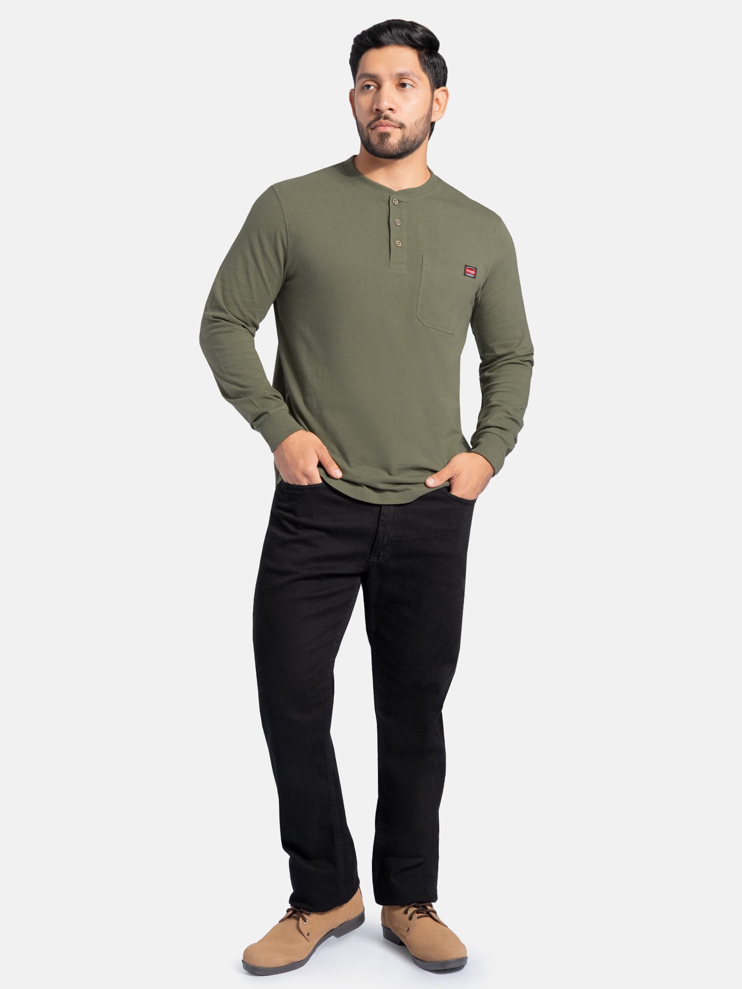 Wrangler Workwear Men's Heavyweight Long Sleeve Henley Pen Pocket Shirt, Size S-3XL