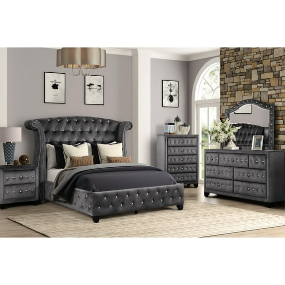5 Piece Queen Bedroom Arrangement In Gray - Upholstered Wood With Crystal Decor And Efficient Storage Pc Furniture Upholstery, Construction Ornaments