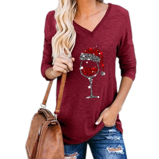 Pntutb Moda Mujer Cuello en V Camiseta de manga larga Otoño Navidad Impresión Blusa suelta tops Pntutb Pntutb-5138
