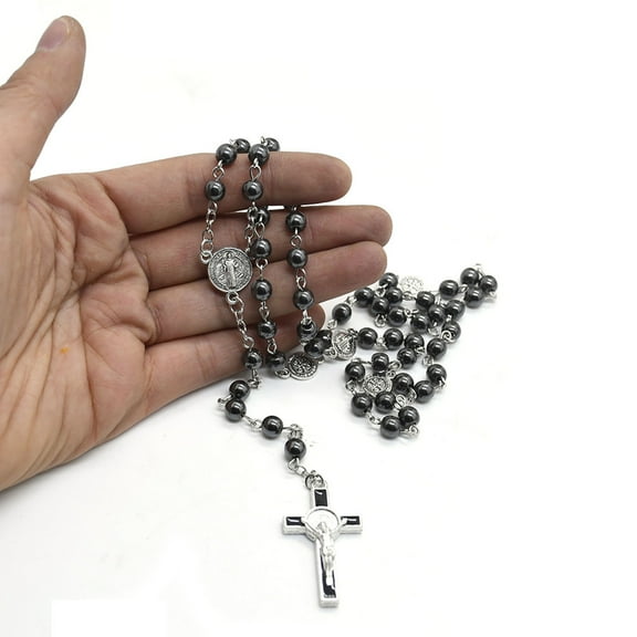 AOOOWER Catholic Black Gallstone Rosary Necklace Saint Benedict Round Shape Beads Chain