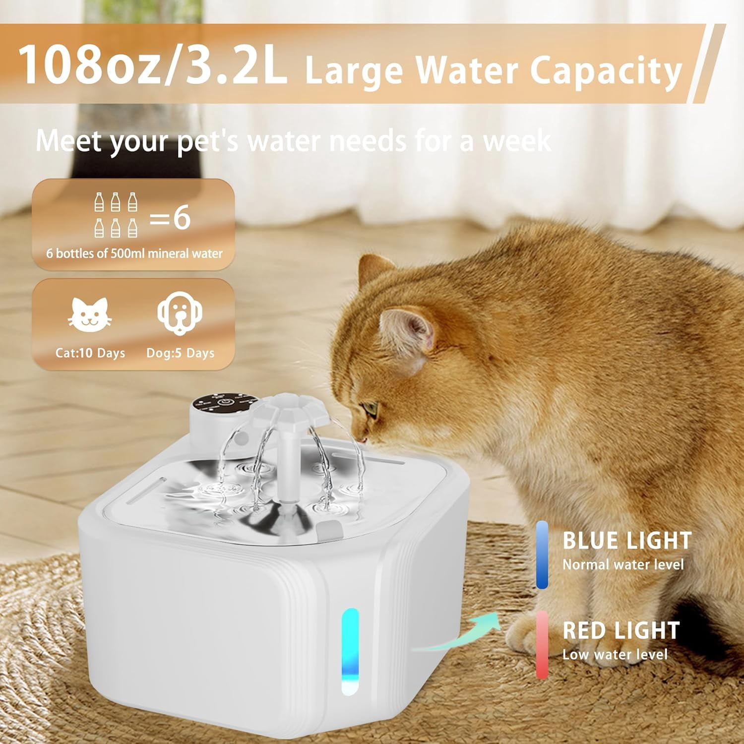 Cordless Cat Water Fountain 95 oz / 2.8 L, Battery Operated Pet Water Fountain with Motion Sensor, Stainless Steel Tray and 4 Filters for Cats and Dogs (White)