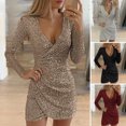thumbnail image 2 of Quixlent Spring Autumn Women Dress Sequin Deep V Neck Slim Fit Long Sleeves Slim Fit Irregular Pleated Party Club Short Dress Dating Prom Mini Dress, 2 of 8