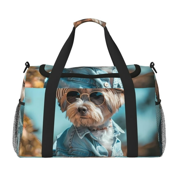 Fotbe Stylish Dog in Denim Outfit Bolsa de Viaje con Estampado, Bolsa de Fin de Semana para Mujer con Compartimento para Zapatos, Bolsa de Gimnasio con Bolsillo Húmedo