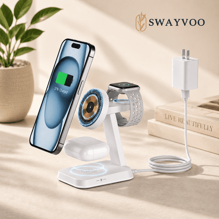 Swayvoo MagSafe Wireless Charging Station 3-in-1 with LED Night Light — 15W Fast Charger for iPhone 17 16 15 14 13 12, Apple Watch, AirPods