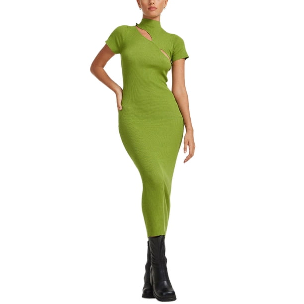 Txlixc Vestido de punto largo, cuello alto de manga corta Txlixc moda