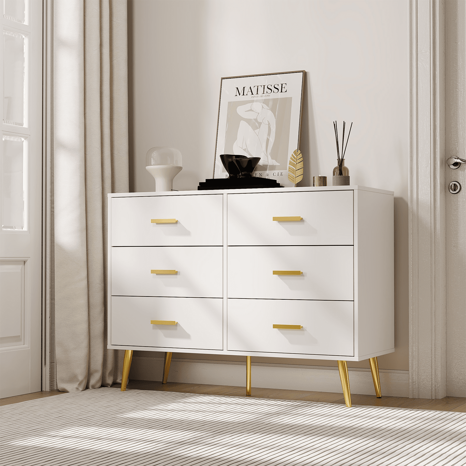 Kicctian Wooden Dresser Chest of Drawers, 6-Drawer Storage Cabinet with Gold Handles, Bedroom Dresser for Living Room, Hallway, Entryway Organizer,White